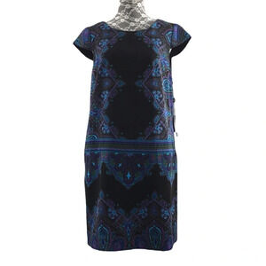 Adrianna Papell Black Blue Batik Print Crepe Shift‎ Dress Womens 6 Cap Sleeve